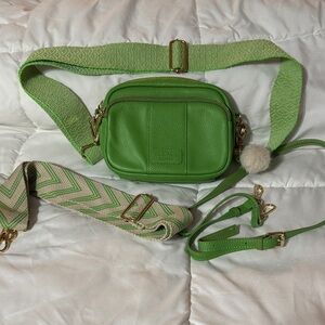 Pom Pom London Stylish Green Crossbody Bag with Pom Pom Charm